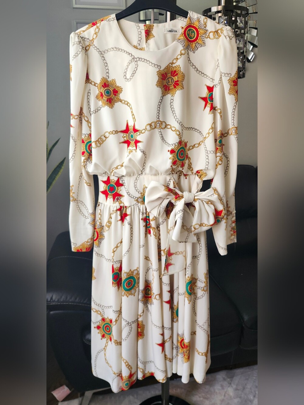 Hibiya Cream Chain & Medallion Print Tie-Waist Maxi Dress